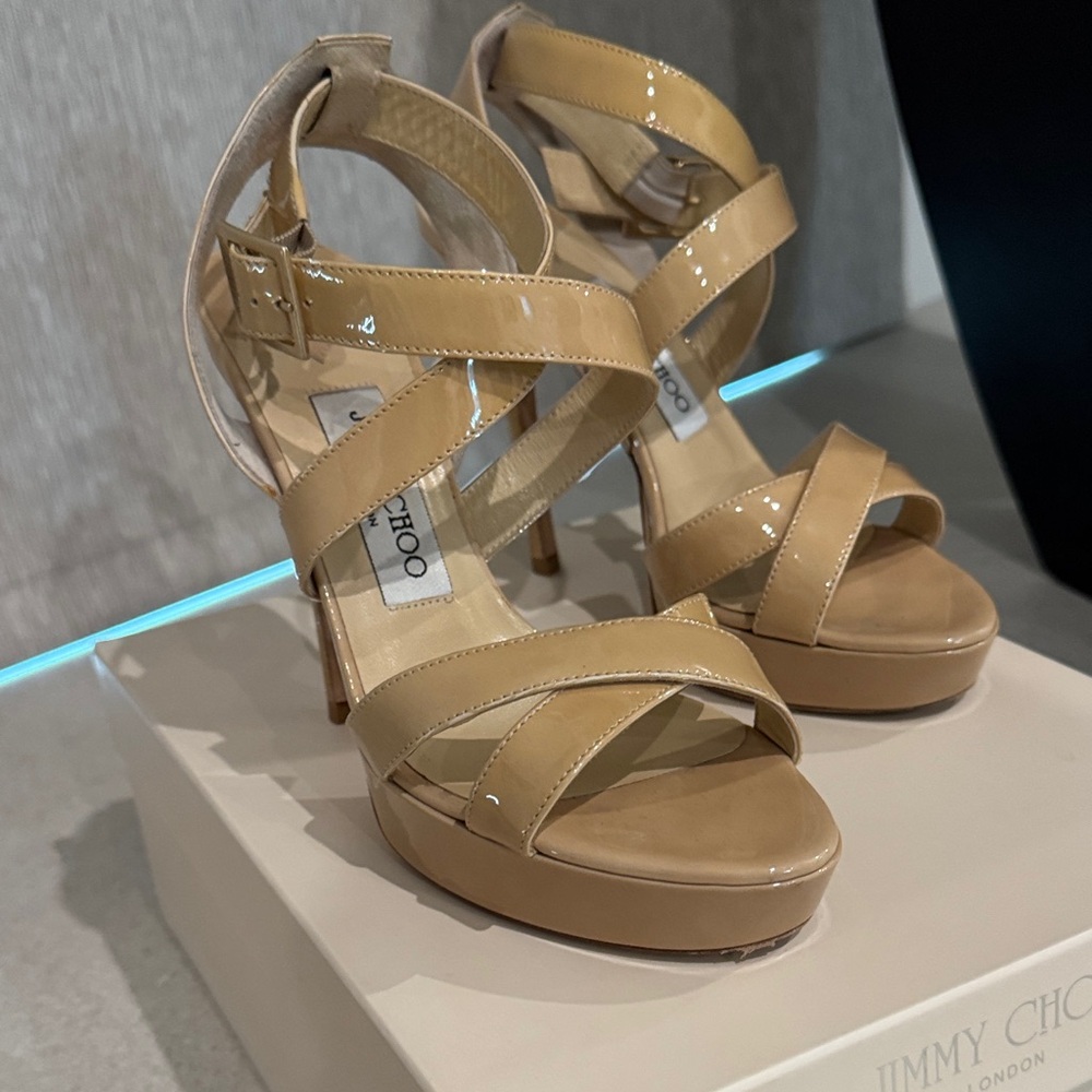 Jimmy Choo Beige Patent Leather Nude Vamp Platform Stilettos 36.5